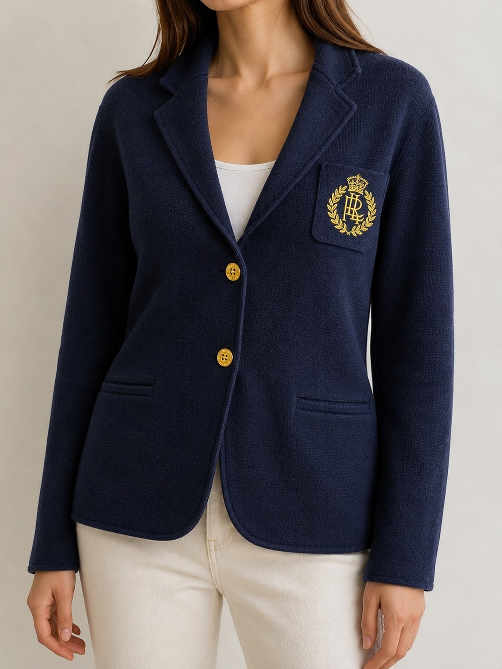 LAUREN RALPH LAUREN NAVY KNIT CREST BLAZER — SIZE XL
